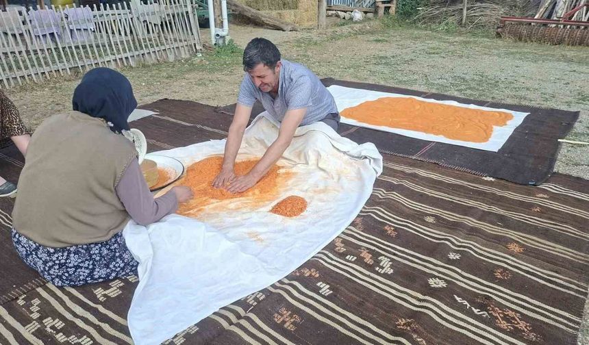 Eşine tarhana yapımında destek oldu